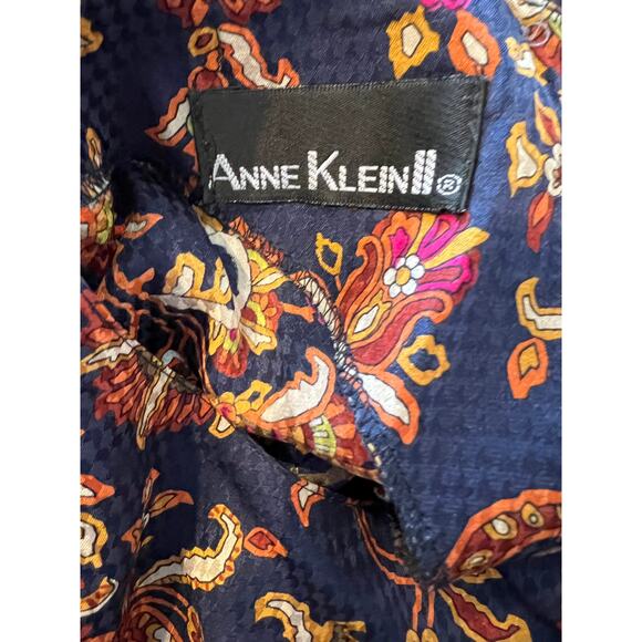 Vintage 80s Anne Klein Silk print short sleeve top Navy Blue 4 - Picture 5 of 6